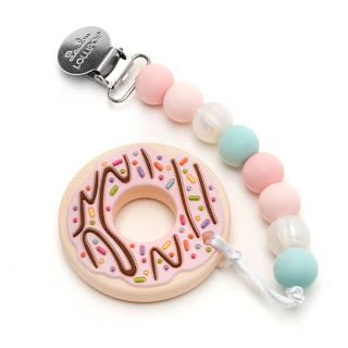 Loulou Lollipop Pink Donut Silicone Teether Holder Set Blue Pink