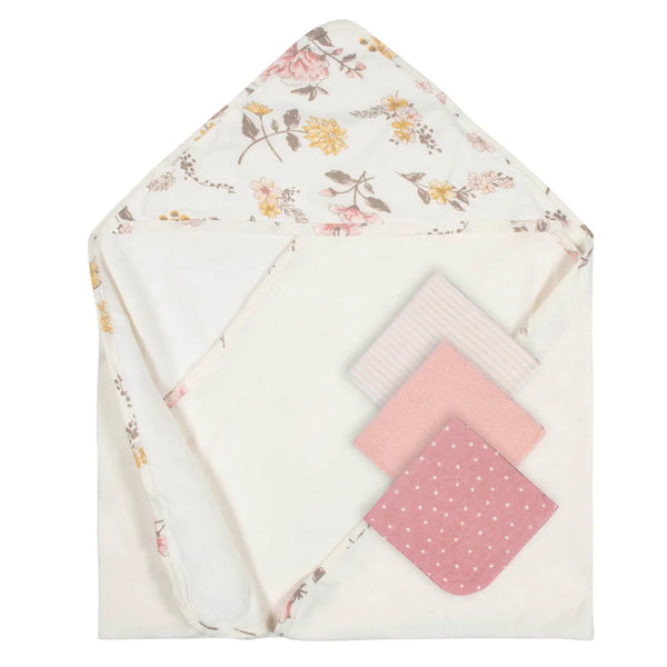 Just Born - Baby Girls Vintage Floral Hooded Towels and Washcloths