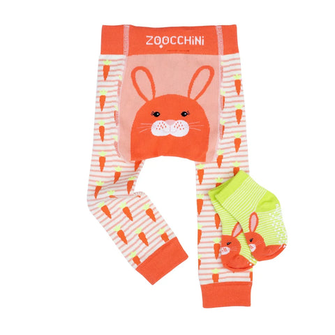 Zoocchini - Grip and Easy Comfort Crawler Leggings and Sock Set - Bella the Bunny