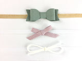 Baby Wisp Headband 3 pack Mixed Bows Gift Set White, Lilac, Green