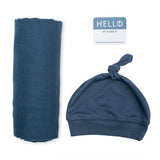 Lulujo Hello World Blanket and Knotted Hat Navy