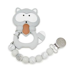 Loulou Lollipop Gray Raccoon Silicone and Teether Holder Set