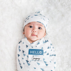 Lulujo Hello World Blanket and Knotted Hat - Navy Triangles
